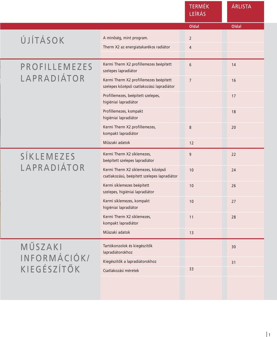 lapradiátor 6 7 14 16 Profillemezes, beépített szelepes, higiéniai lapradiátor 17 Profillemezes, kompakt higiéniai lapradiátor 18 Kermi Therm X2 profillemezes, kompakt lapradiátor 8 20 Műszaki adatok