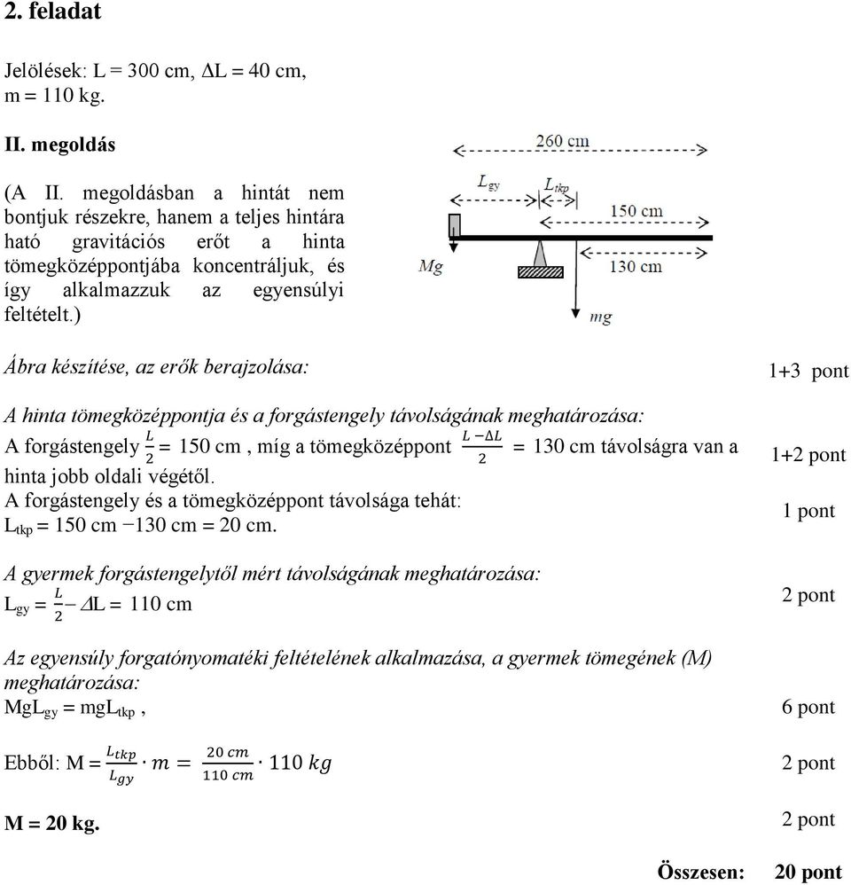) Ábra készítése, az erők berajzolása: A hinta tömegközéppontja és a forgástengely távolságának meghatározása: A forgástengely = 150 cm, míg a tömegközéppont hinta jobb oldali végétől.