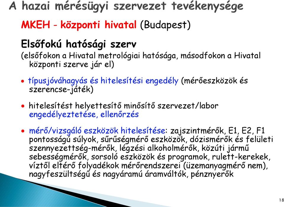 hitelesítése: zajszintmérők, E1, E2, F1 pontosságú súlyok, sűrűségmérő eszközök, dózismérők és felületi szennyezettség-mérők, légzési alkoholmérők, közúti jármű