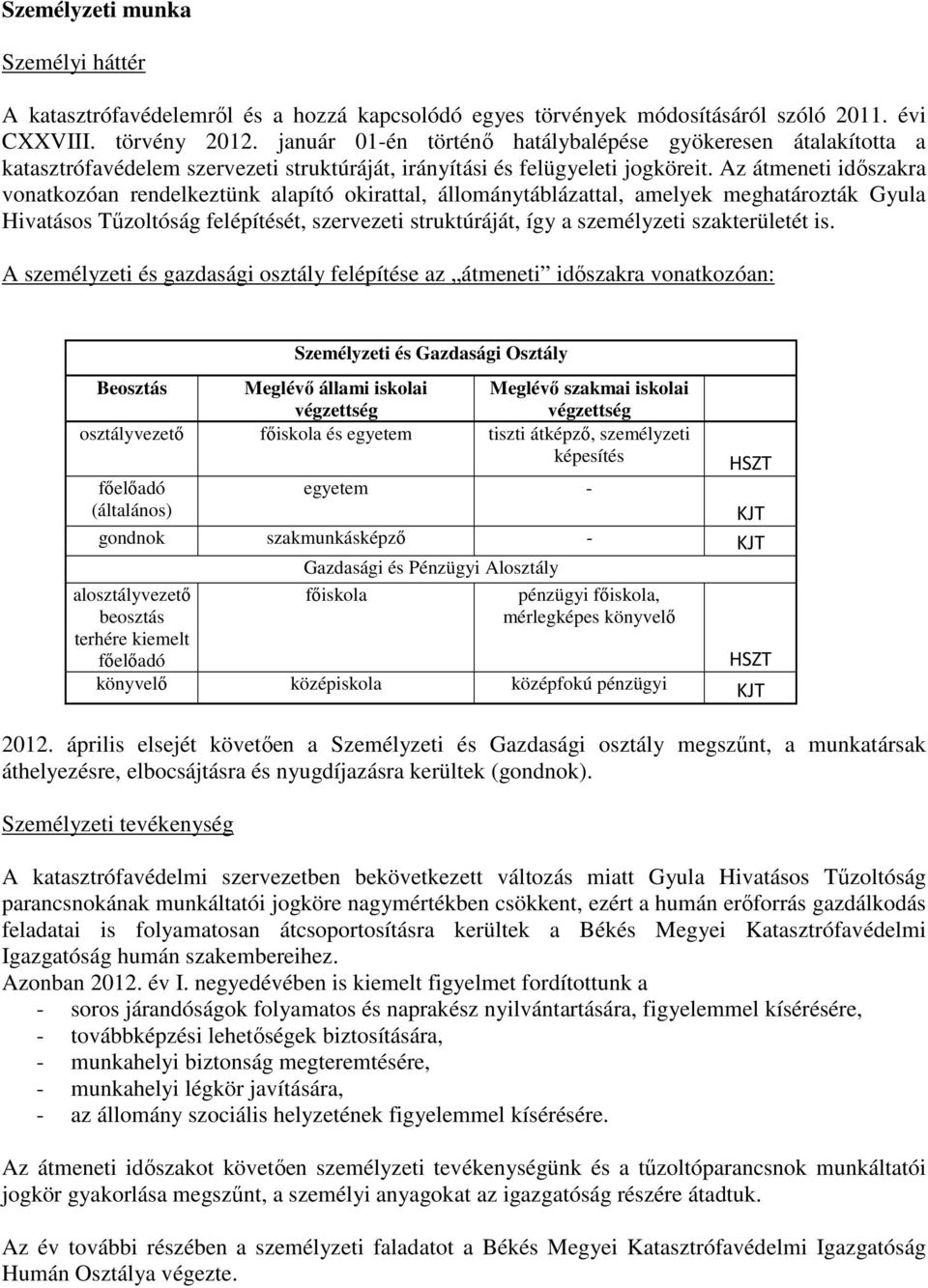 Az átmeneti időszakra vonatkozóan rendelkeztünk alapító okirattal, állománytáblázattal, amelyek meghatározták Gyula Hivatásos Tűzoltóság felépítését, szervezeti struktúráját, így a személyzeti