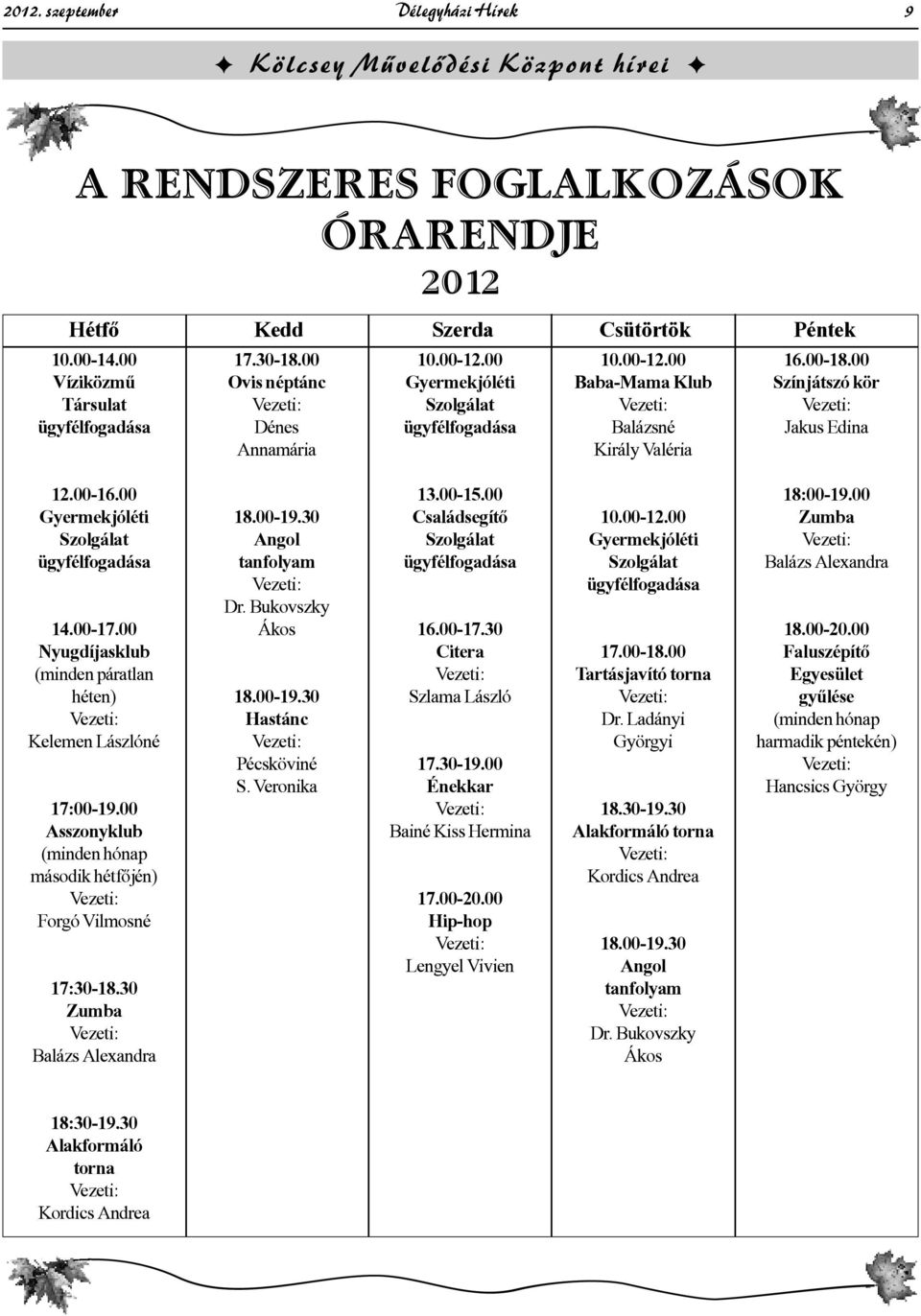 00 Nyugdíjasklub (minden páratlan héten) Kelemen Lászlóné 17:00-19.00 Asszonyklub (minden hónap második hétfőjén) Forgó Vilmosné 17:30-18.30 Zumba Balázs Alexandra 18.00-19.30 Angol tanfolyam Dr.