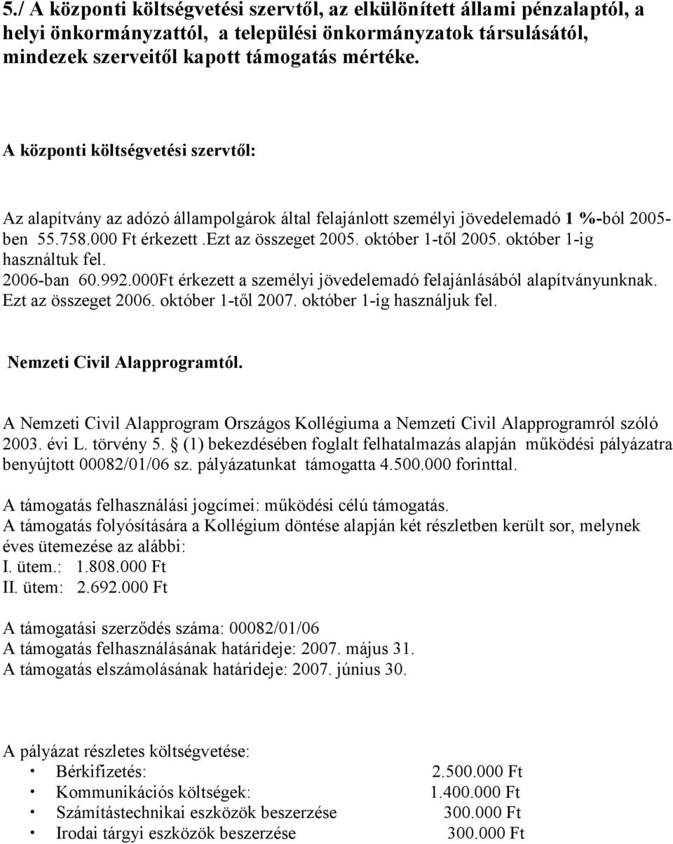 október 1-ig használtuk fel. 2006-ban 60.992.000Ft érkezett a személyi jövedelemadó felajánlásából alapítványunknak. Ezt az összeget 2006. október 1-től 2007. október 1-ig használjuk fel.