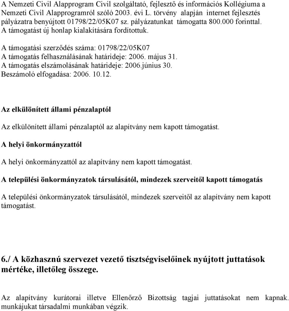 A támogatási szerződés száma: 01798/22/05K07 A támogatás felhasználásának határideje: 2006. május 31. A támogatás elszámolásának határideje: 2006.június 30. Beszámoló elfogadása: 2006. 10.12.