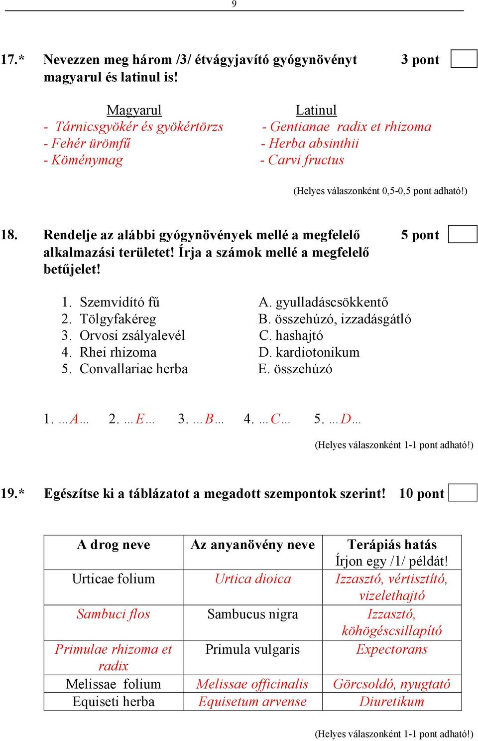 Rendelje az alábbi gyógynövények mellé a megfelelı 5 pont alkalmazási területet! Írja a számok mellé a megfelelı betőjelet! 1. Szemvidító fő A. gyulladáscsökkentı 2. Tölgyfakéreg B.