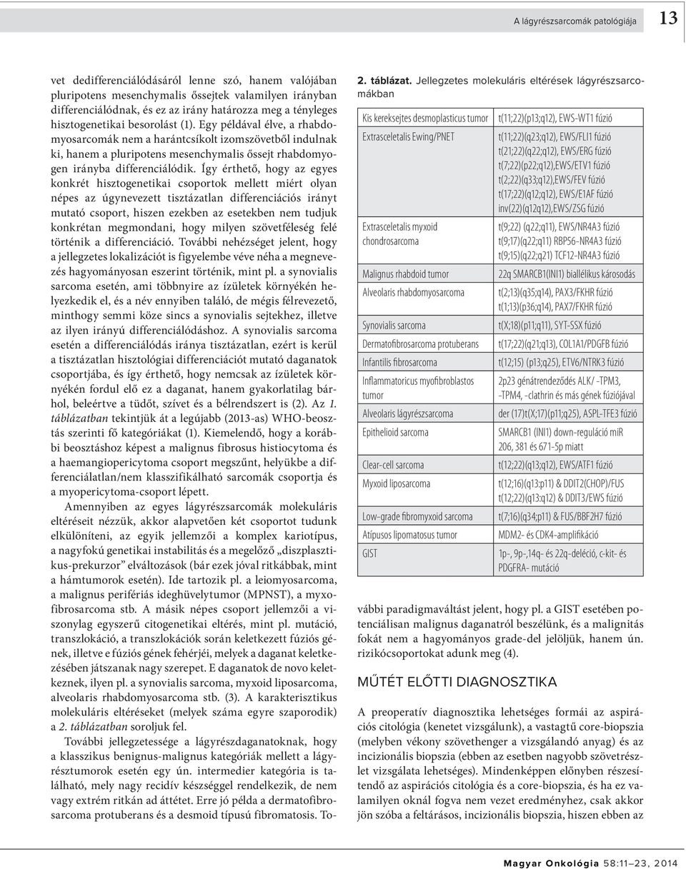 rhabdomyosarcoma Synovialis sarcoma Dermatofibrosarcoma protuberans Infantilis fibrosarcoma Inflammatoricus myofibroblastos tumor Alveolaris lágyrészsarcoma Epithelioid sarcoma Clear-cell sarcoma