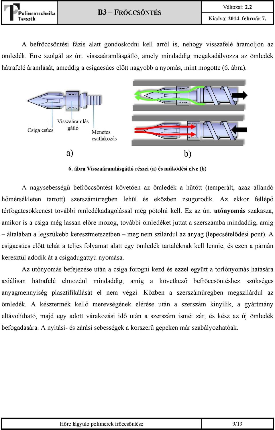 ábra Visszaáramlásgátló részei (a) és működési elve (b) A nagysebességű befröccsöntést követően az ömledék a hűtött (temperált, azaz állandó hőmérsékleten tartott) szerszámüregben lehűl és eközben