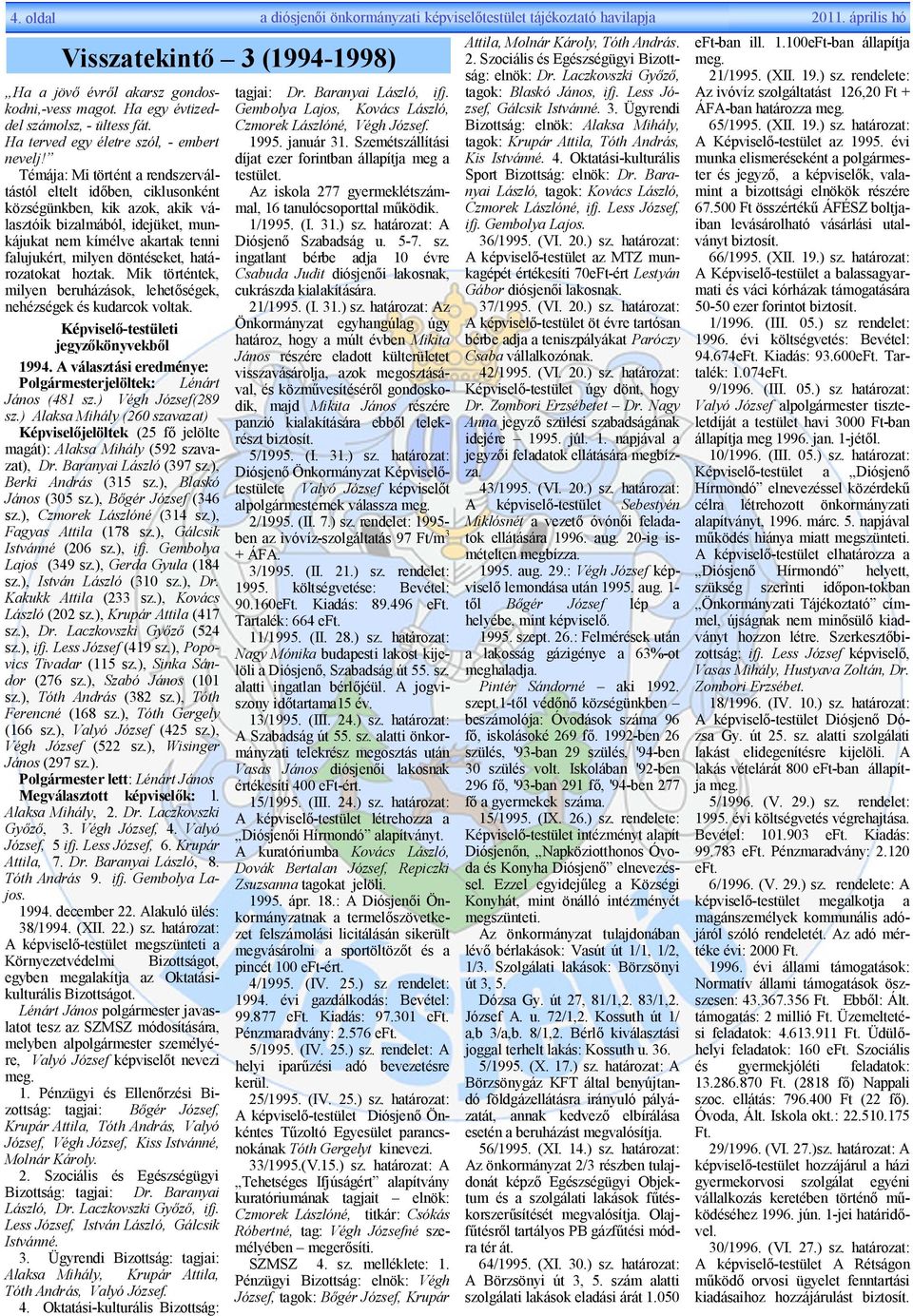 határozatokat hoztak. Mik történtek, milyen beruházások, lehet ségek, nehézségek és kudarcok voltak. Képvisel -testületi jegyz könyvekb l 1994.