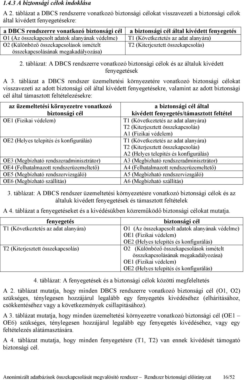 védelme) O2 (Különböző összekapcsolások ismételt összekapcsolásának megakadályozása) a biztonsági cél által kivédett fenyegetés T1 (Következtetés az adat alanyára) T2 (Kiterjesztett összekapcsolás) 2.