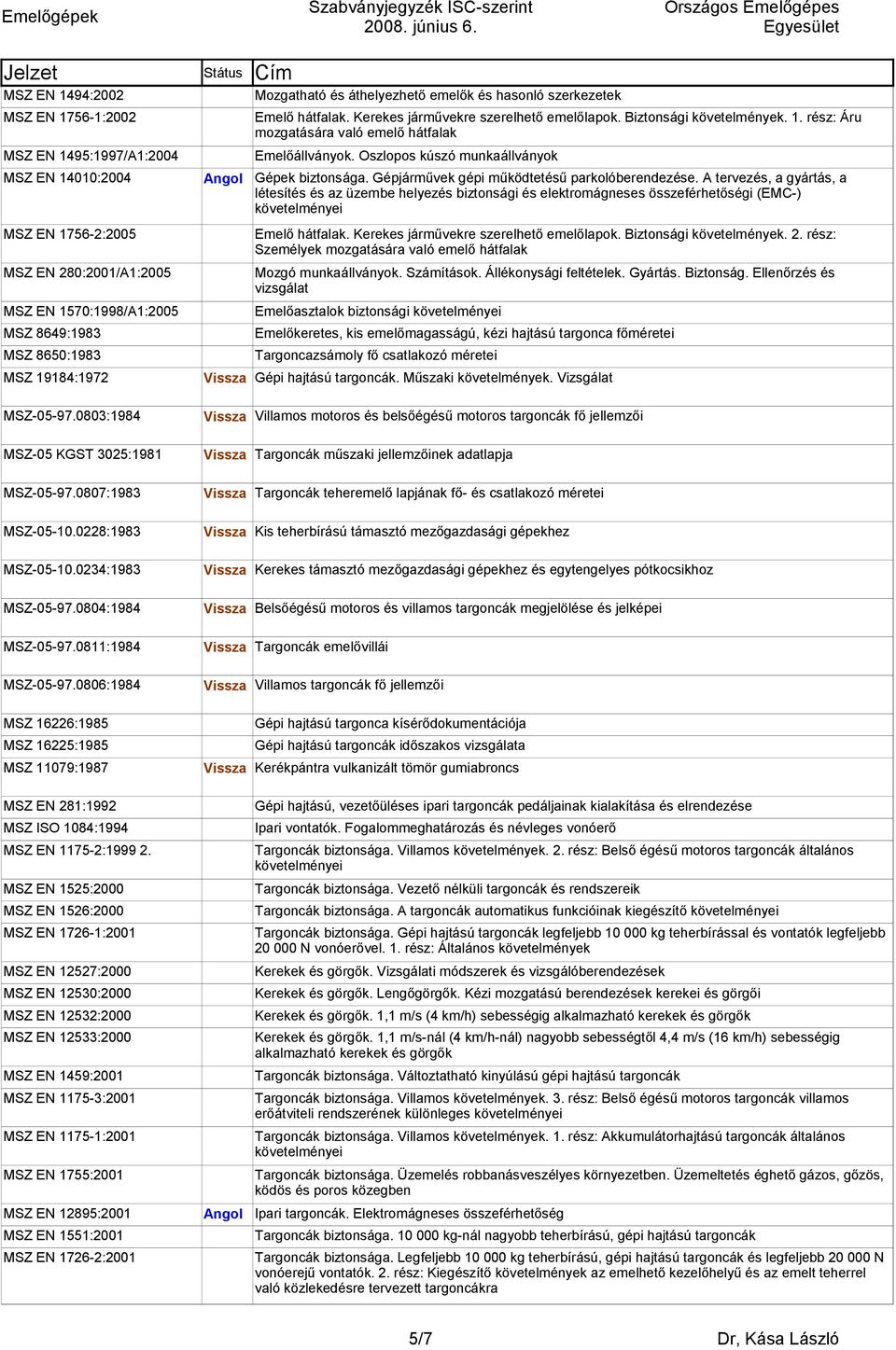 Oszlopos kúszó munkaállványok Gépek biztonsága. Gépjárművek gépi működtetésű parkolóberendezése.