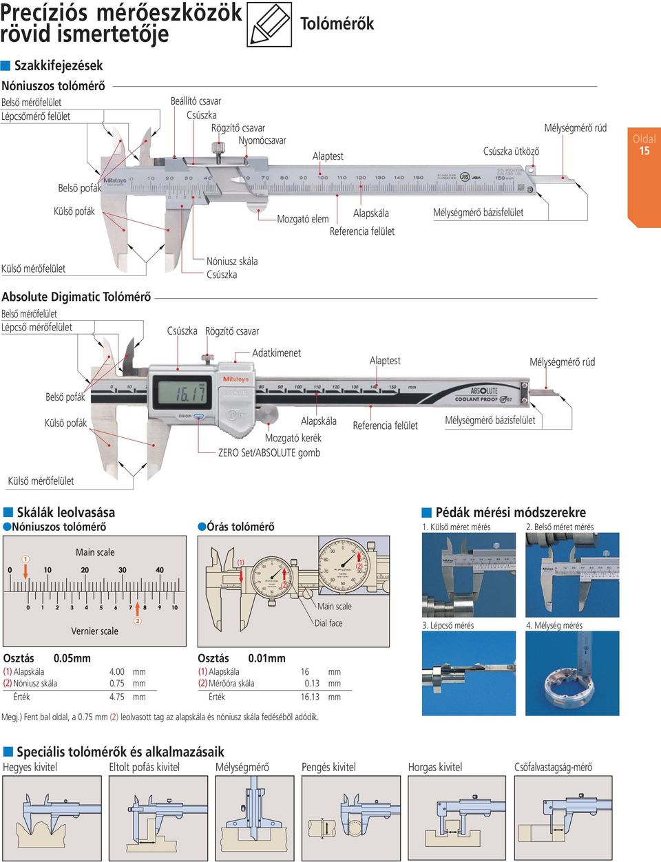 mérőfelület Absolute Digimatic Tolómérő Belső mérőfelület Lépcső mérőfelület Csúszka Nóniusz skála Csúszka Rögzítő csavar Adatkimenet Alaptest Mélységmérő rúd Belső pofák Külső pofák Alapskála