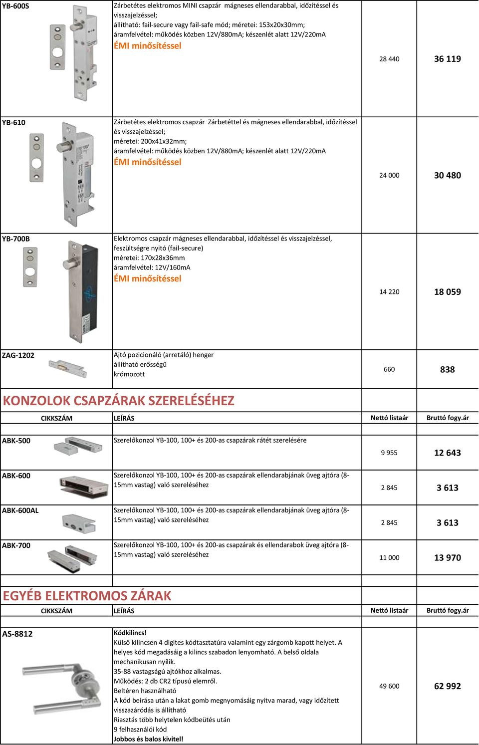 működés közben 12V/880mA; készenlét alatt 12V/220mA 24 000 30 480 YB-700B Elektromos csapzár mágneses ellendarabbal, időzítéssel és visszajelzéssel, feszültségre nyitó (fail-secure) méretei: