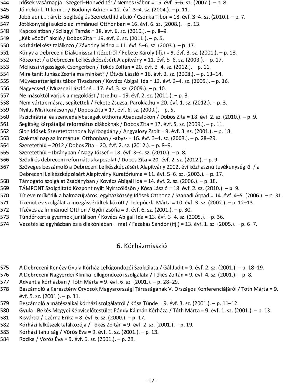 548 Kapcsolatban / Szilágyi Tamás = 18. évf. 6. sz. (2010.). p. 8 9. 549 Kék vödör akció / Dobos Zita = 19. évf. 6. sz. (2011.). p. 5. 550 Kórházlelkész találkozó / Závodny Mária = 11. évf. 5 6. sz. (2003.