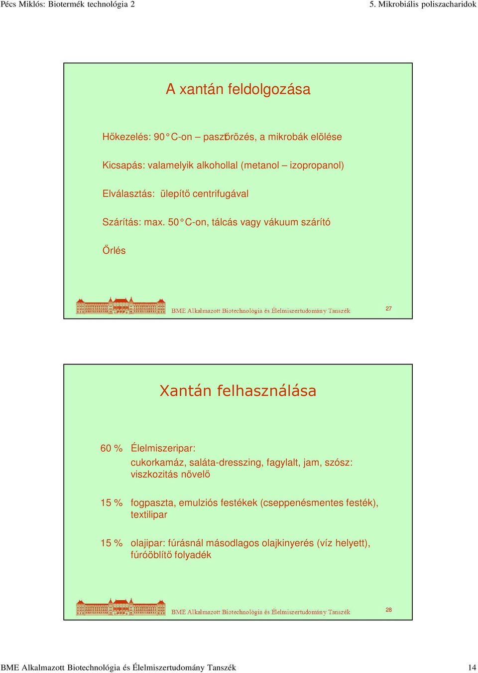 50 C-on, tálcás vagy vákuum szárító Őrlés 27 Xantán felhasználása 60 % Élelmiszeripar: cukorkamáz, saláta-dresszing, fagylalt, jam, szósz: