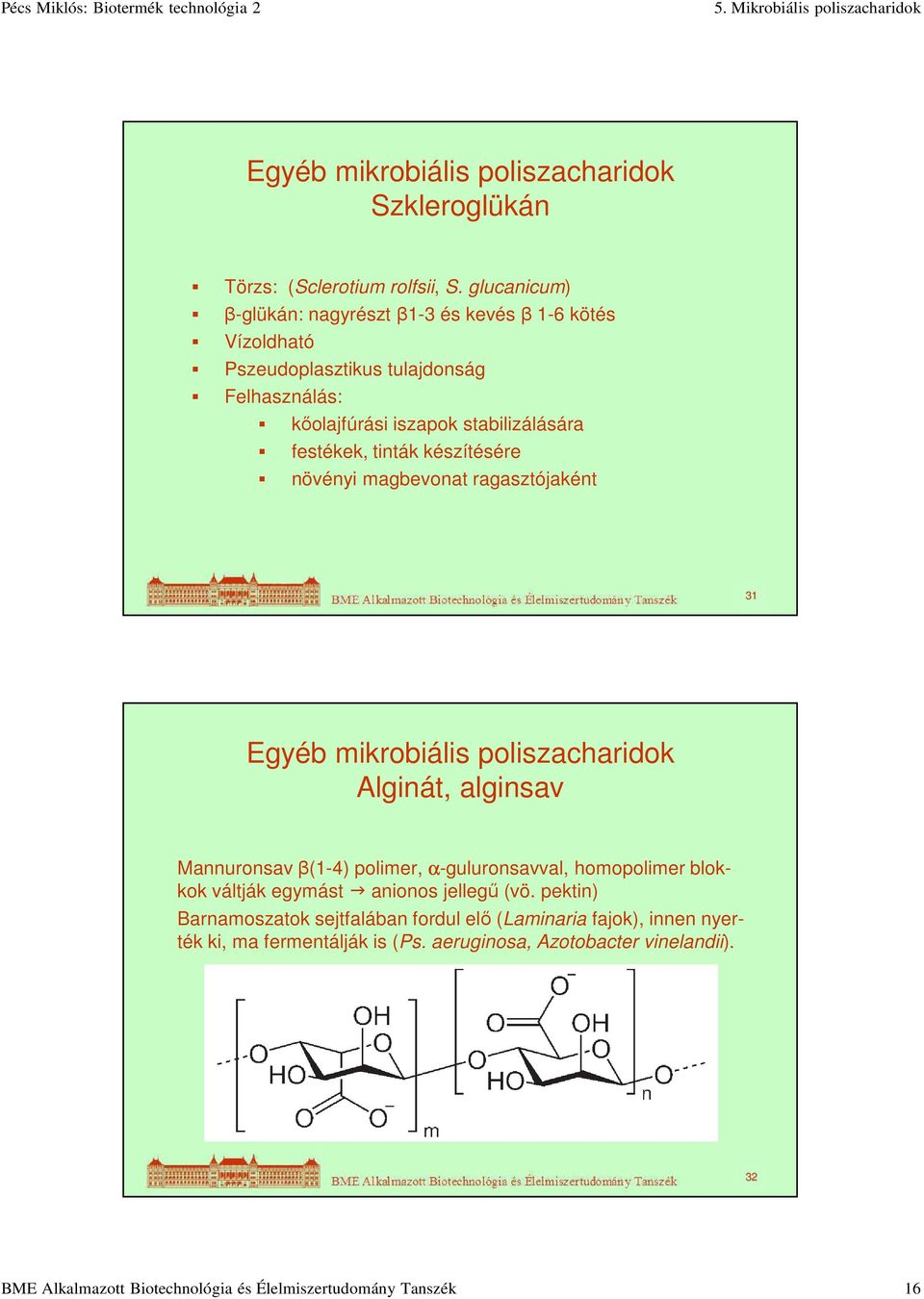 tinták készítésére növényi magbevonat ragasztójaként 31 Egyéb mikrobiális poliszacharidok Alginát, alginsav Mannuronsav β(1-4) polimer, α-guluronsavval, homopolimer