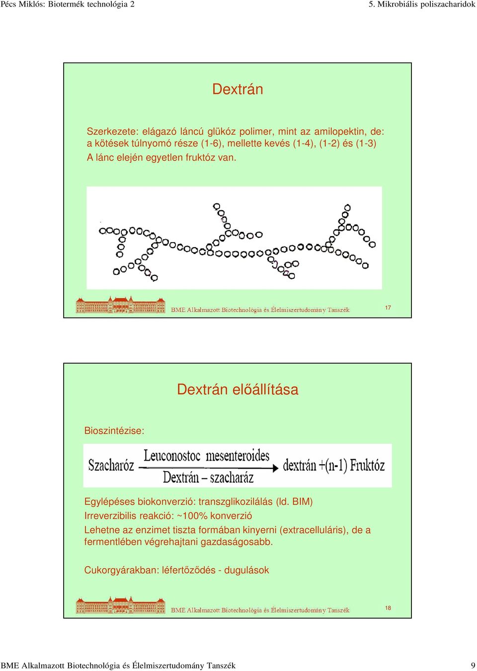 17 Dextrán előállítása Bioszintézise: Egylépéses biokonverzió: transzglikozilálás (ld.