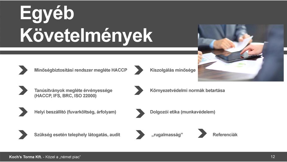 betartása Helyi beszállító (fuvarköltség, árfolyam) Dolgozói etika (munkavédelem) Szükség