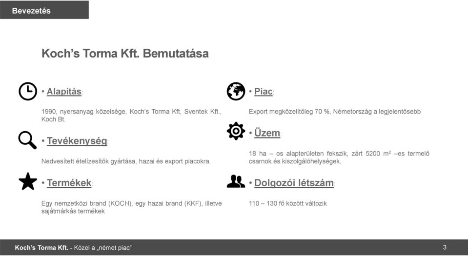 Termékek: Egy nemzetközi brand (KOCH), egy hazai brand (KKF), illetve sajátmárkás termékek Piac: Export megközelítőleg 70 %,