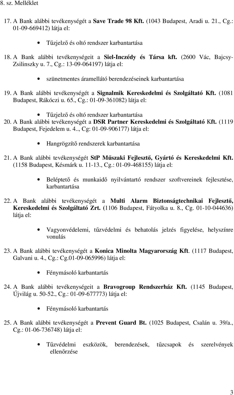 A Bank alábbi tevékenységét a Signalmik Kereskedelmi és Szolgáltató Kft. (1081 Budapest, Rákóczi u. 65., Cg.: 01-09-361082) látja el: Tűzjelző és oltó rendszer karbantartása 20.