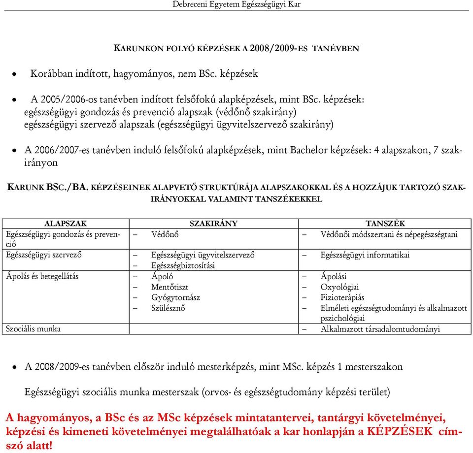 alapképzések, mint Bachelor képzések: 4 alapszakon, 7 szakirányon KARUNK BSC./BA.