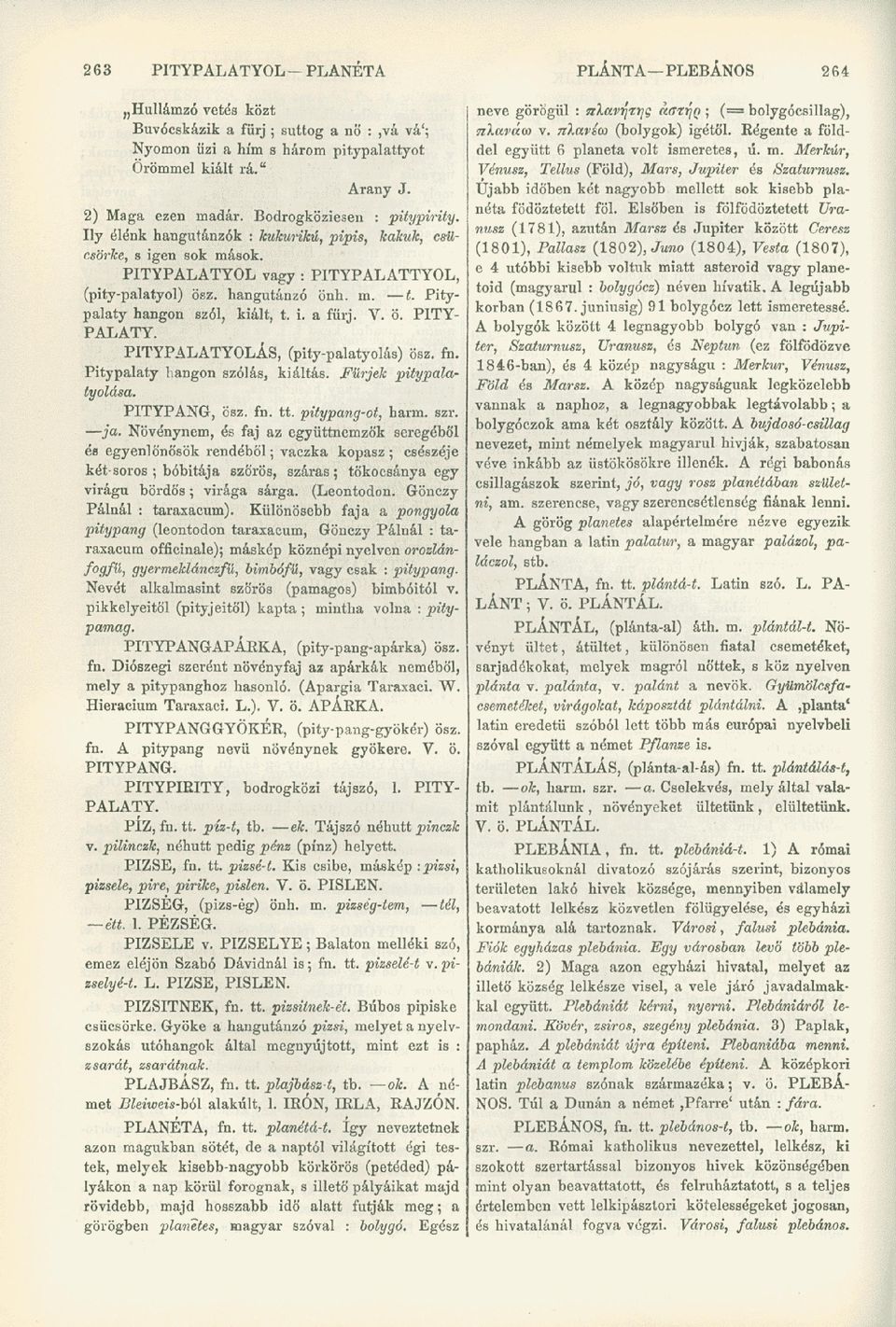 Pitypalaty hangon szól, kiált, t. i. a fürj. V. ö. PITY- PALATY. PITYPALATYOLÁS, (pity-palatyolás) ösz. fn. Pitypalaty hangon szólás, kiáltás. Fürjek pitypalatyolása. PITYPANG, ösz. fn. tt.