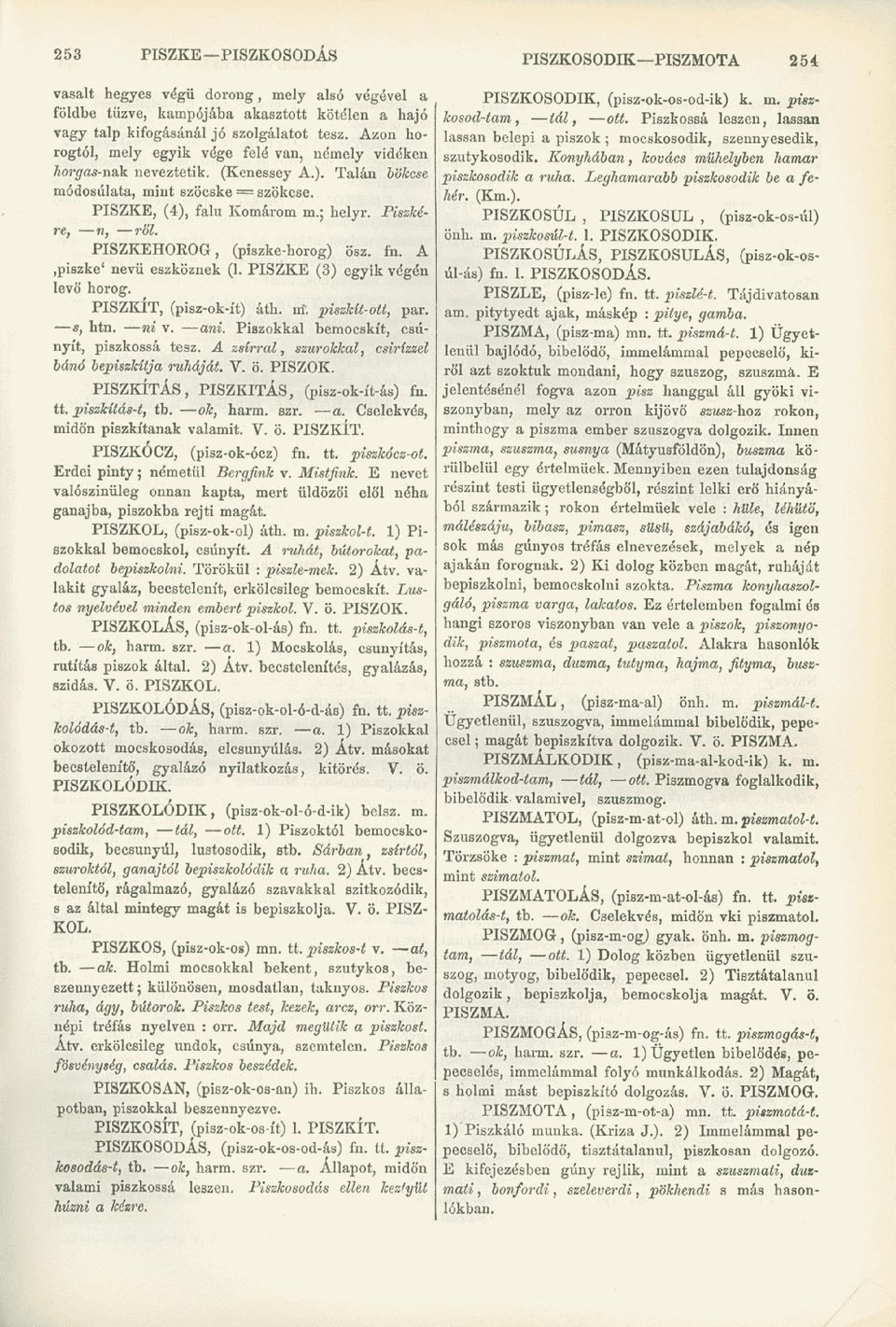 PISZKEHOROG, (piszke-horog) ősz. fn. A,piszke' nevű eszköznek (1. PISZKE (3) egyik végén levő horog. PISZKÍT, (pisz-ok-ít) áth. m". piszkíl-ott, par. s, htn. ni v. cmi.