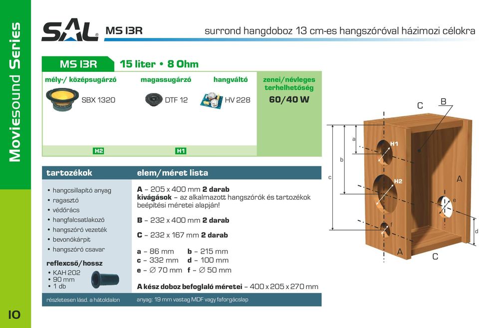 hátollon MS 13R 15 litr 8 Ohm mgssugárzó lm/mért list surron hngooz 13 m-s hngszóróvl házimozi élokr 205 x 400 mm 2 r kivágások z lklmzott