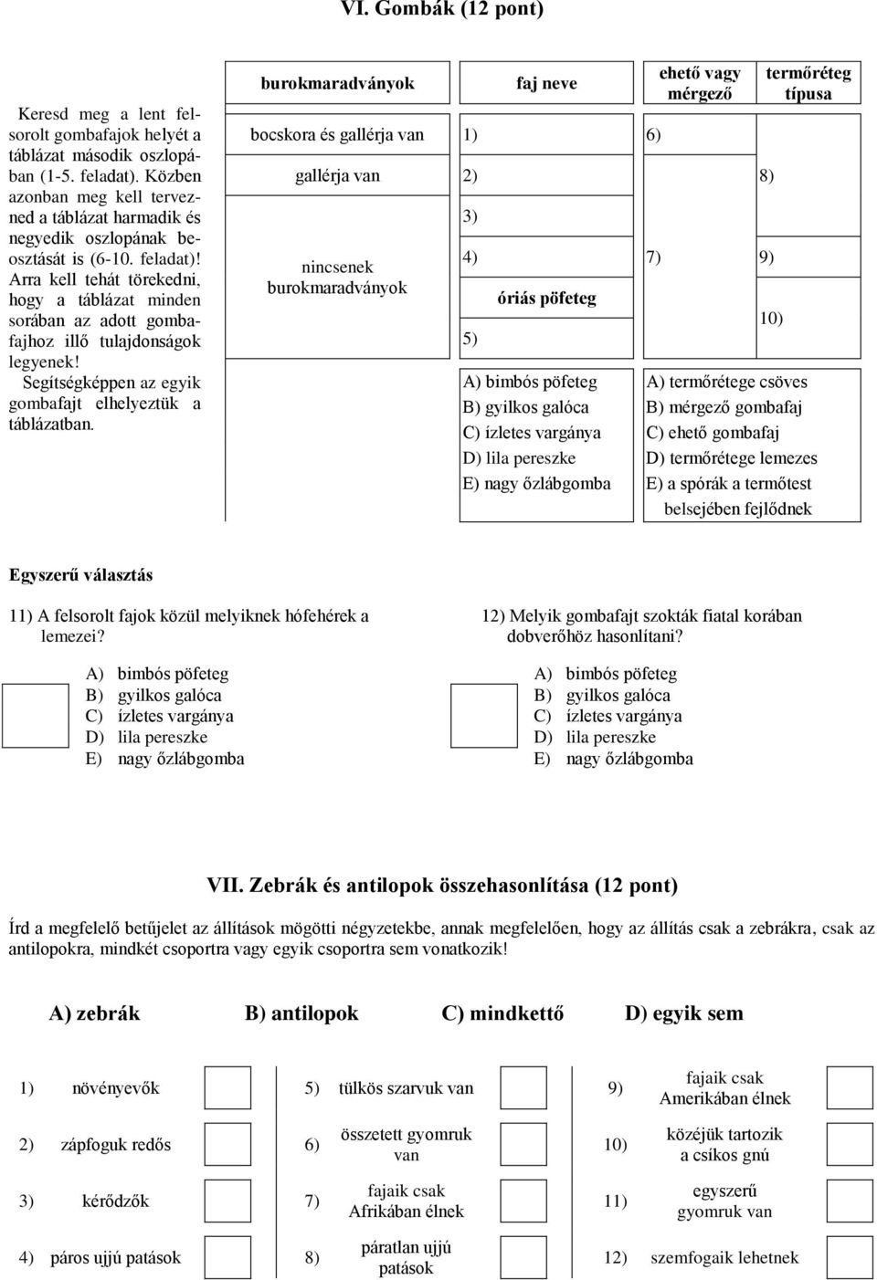 Arra kell tehát törekedni, hogy a táblázat minden sorában az adott gombafajhoz illő tulajdonságok legyenek! Segítségképpen az egyik gombafajt elhelyeztük a táblázatban.