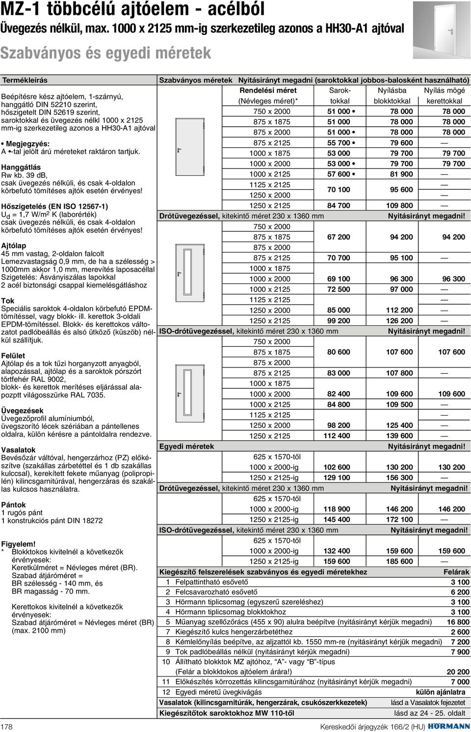 saroktokkal és üvegezés nélkl 00 x 2125 mm szerkezetileg azonos a HH30-A1 ajtóval Megjegzyés: A -tal jelölt árú méreteket raktáron tartjuk. Hanggátlás Rw kb.