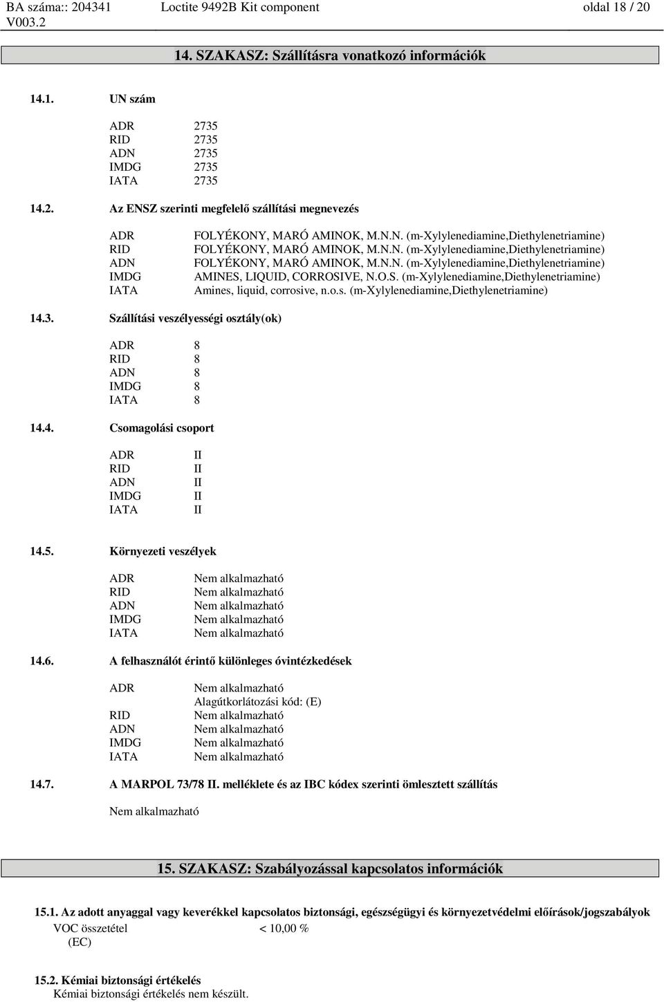 O.S. (m-xylylenediamine,diethylenetriamine) Amines, liquid, corrosive, n.o.s. (m-xylylenediamine,diethylenetriamine) 14.3. Szállítási veszélyességi osztály(ok) ADR 8 RID 8 ADN 8 IMDG 8 IATA 8 14.4. Csomagolási csoport ADR RID ADN IMDG IATA II II II II II 14.