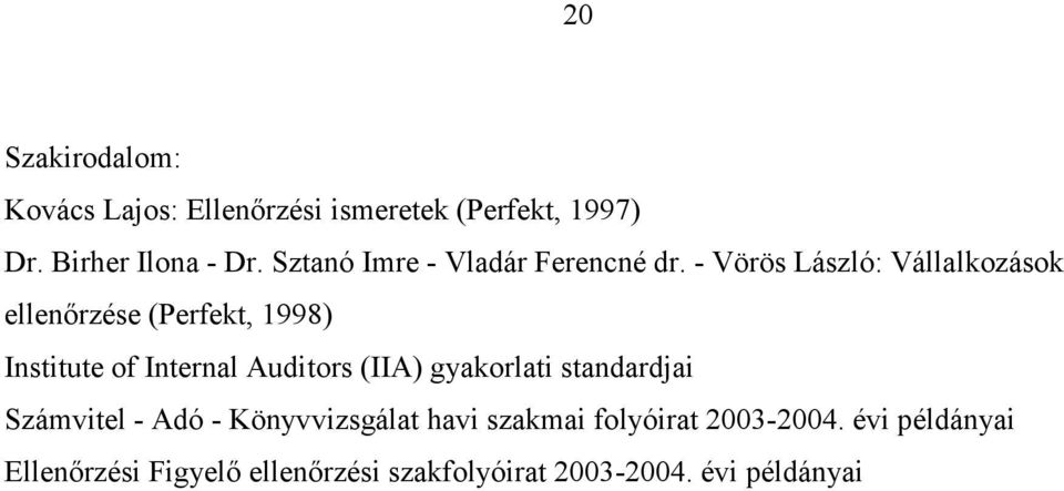 - Vörös László: Vállalkozások ellenırzése (Perfekt, 1998) Institute of Internal Auditors (IIA)