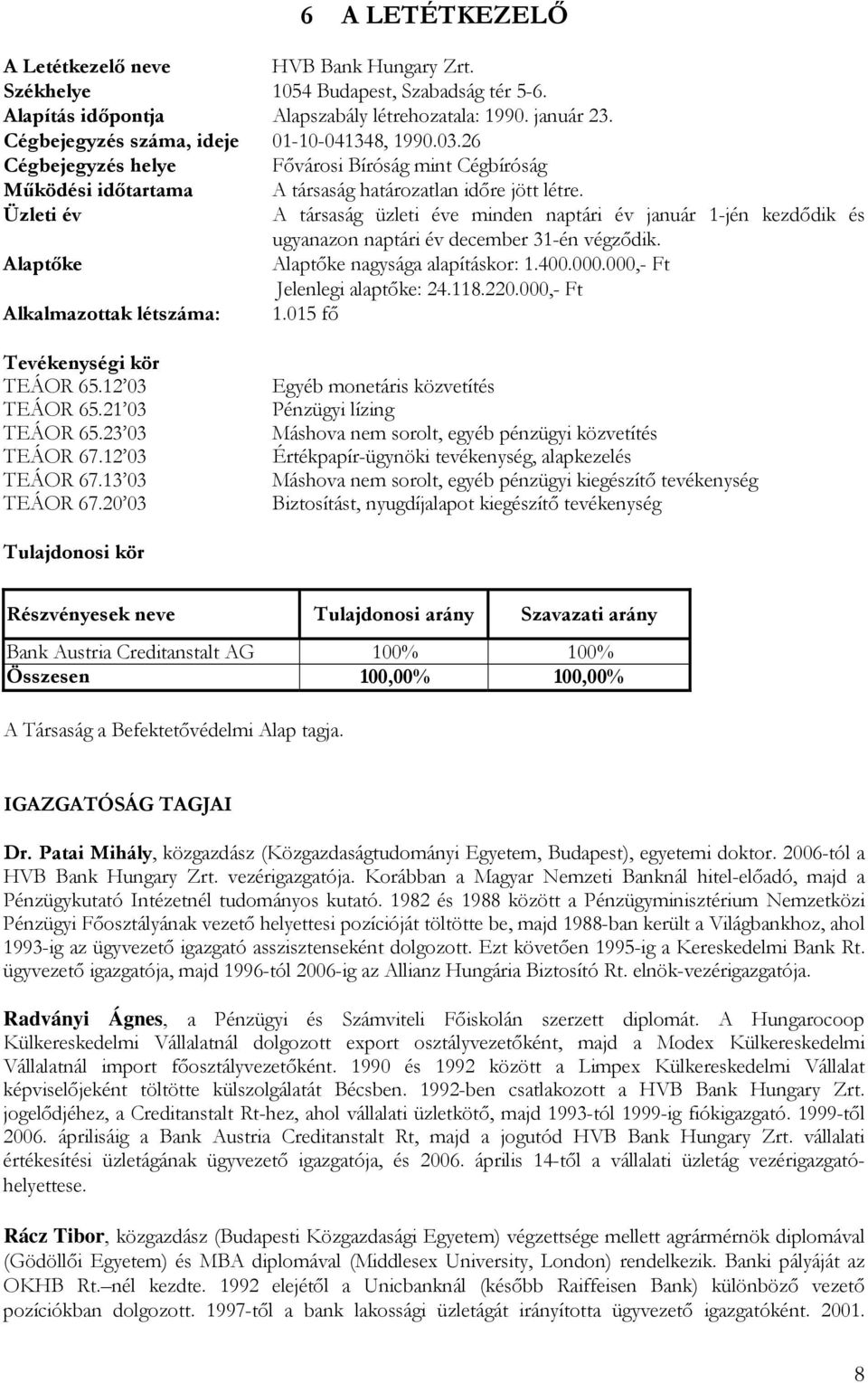 Üzleti év A társaság üzleti éve minden naptári év január 1-jén kezdődik és ugyanazon naptári év december 31-én végződik. Alaptőke Alaptőke nagysága alapításkor: 1.400.000.