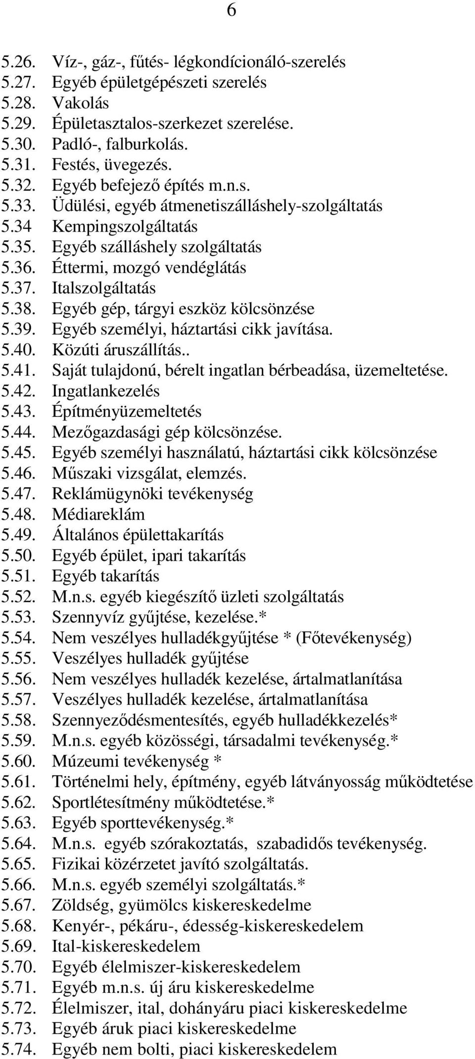 Italszolgáltatás 5.38. Egyéb gép, tárgyi eszköz kölcsönzése 5.39. Egyéb személyi, háztartási cikk javítása. 5.40. Közúti áruszállítás.. 5.41. Saját tulajdonú, bérelt ingatlan bérbeadása, üzemeltetése.