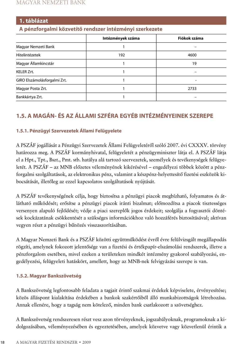 1 GIRO Elszámolásforgalmi Zrt. 1 - Magyar Posta Zrt. 1 2733 Bankkártya Zrt. 1 1.5. A MAGÁN- ÉS AZ ÁLLAMI SZFÉRA EGYÉB INTÉZMÉNYEINEK SZEREPE 1.5.1. Pénzügyi Szervezetek Állami Felügyelete A PSZÁF jogállását a Pénzügyi Szervezetek Állami Felügyeletérõl szóló 2007.