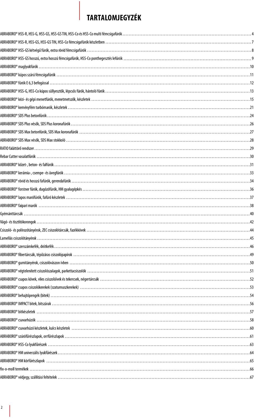 befogással 12 ABRABORO HSS-G, HSS-Co kúpos süllyesztők, lépcsős fúrók, hántoló fúrók 13 ABRABORO kézi- és gépi menetfúrók, menetmetszők, készletek 15 ABRABORO keményfém turbómarók, készletek 21