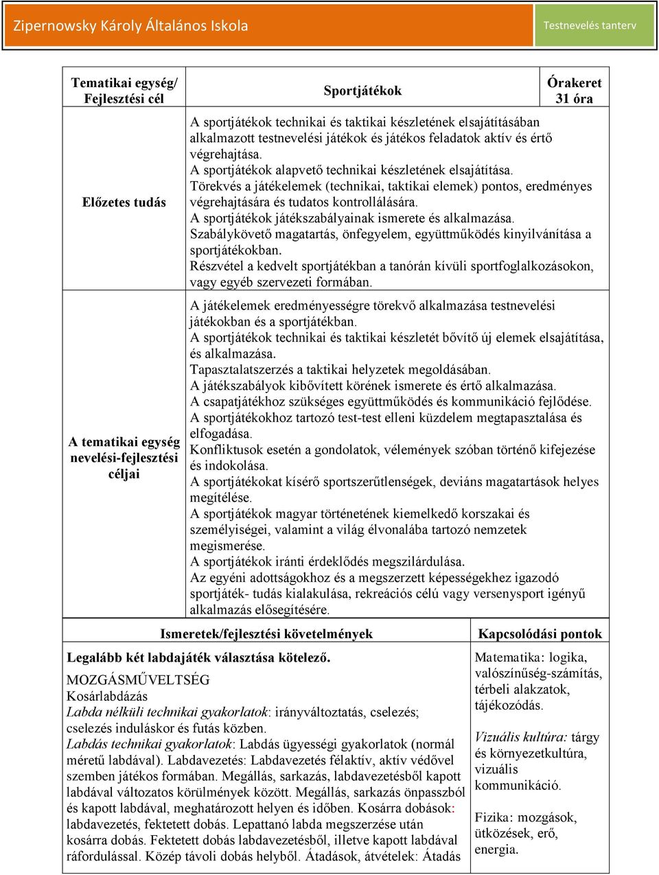 Törekvés a játékelemek (technikai, taktikai elemek) pontos, eredményes végrehajtására és tudatos kontrollálására. A sportjátékok játékszabályainak ismerete és alkalmazása.