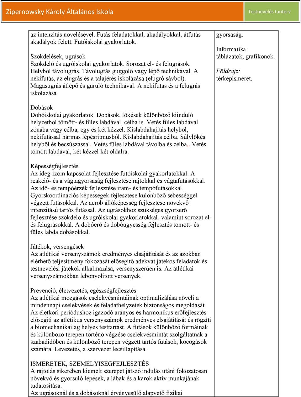 A nekifutás és a felugrás iskolázása. gyorsaság. Informatika: táblázatok, grafikonok. Földrajz: térképismeret. Dobások Dobóiskolai gyakorlatok.