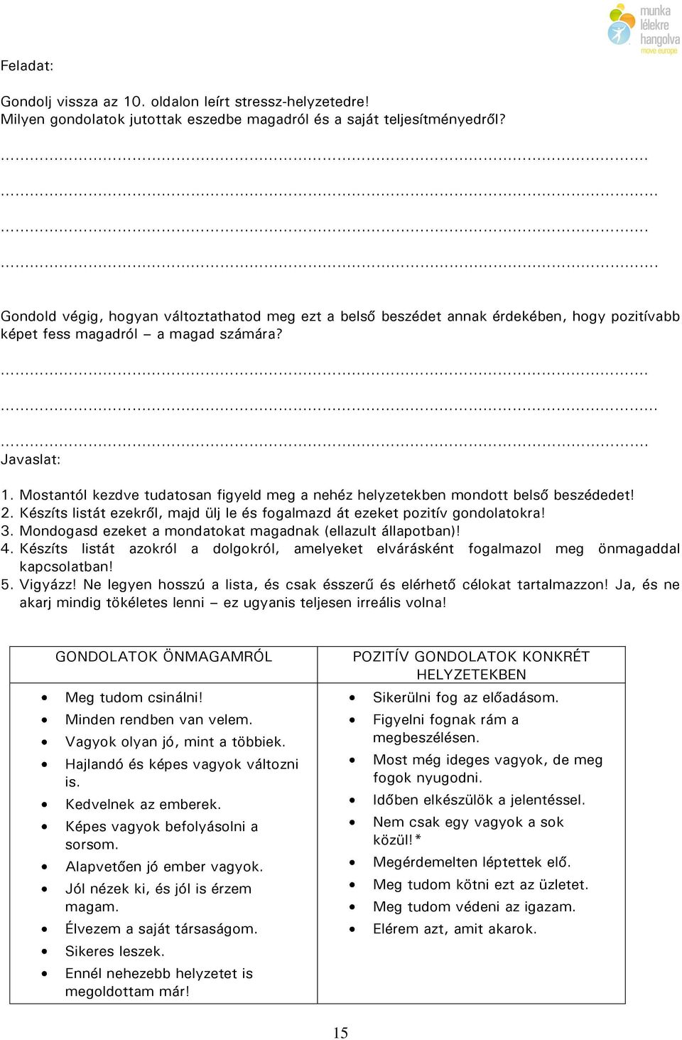 Mostantól kezdve tudatosan figyeld meg a nehéz helyzetekben mondott belső beszédedet! 2. Készíts listát ezekről, majd ülj le és fogalmazd át ezeket pozitív gondolatokra! 3.