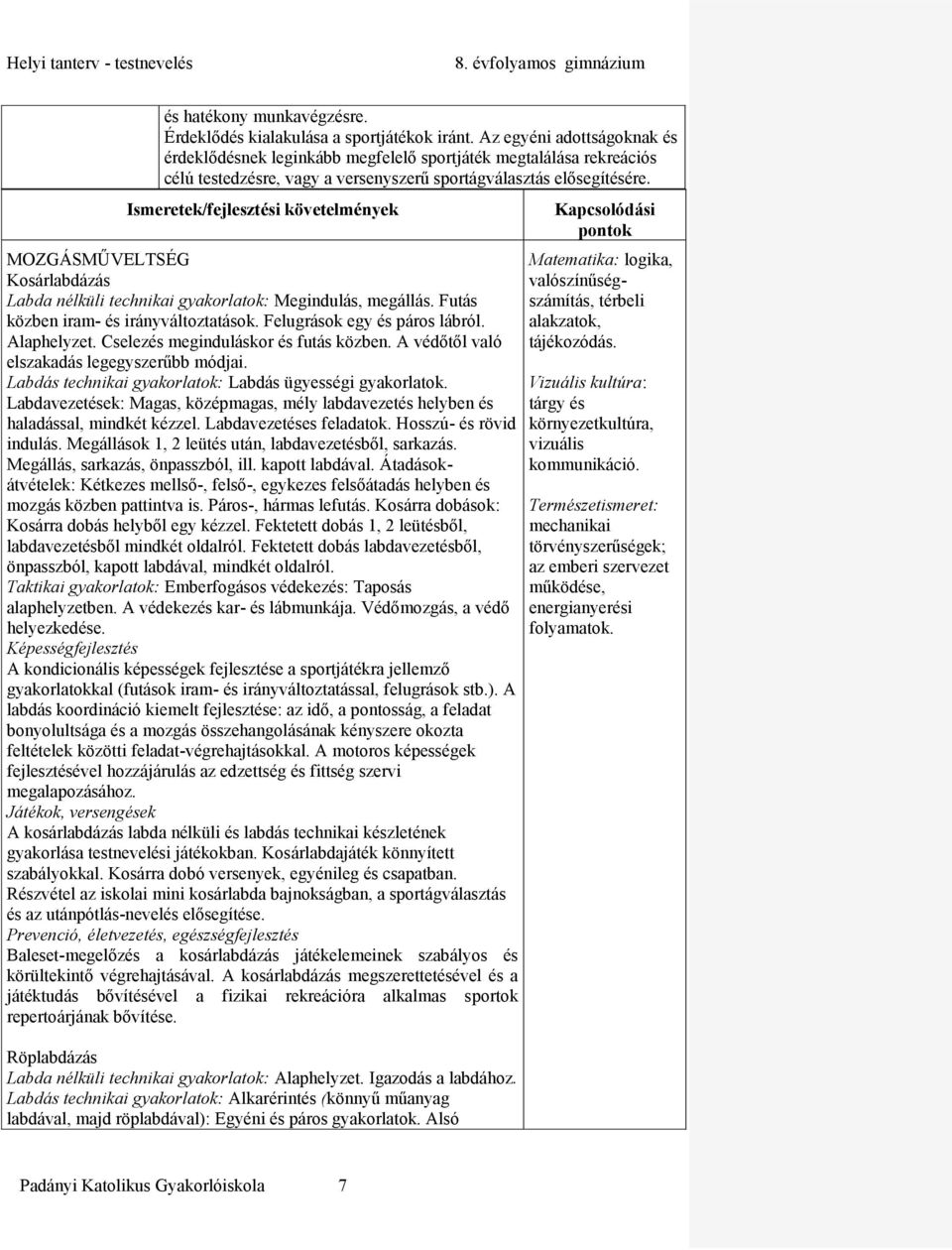 Ismeretek/fejlesztési követelmények MOZGÁSMŰVELTSÉG Kosárlabdázás Labda nélküli technikai gyakorlatok: Megindulás, megállás. Futás közben iram- és irányváltoztatások. Felugrások egy és páros lábról.