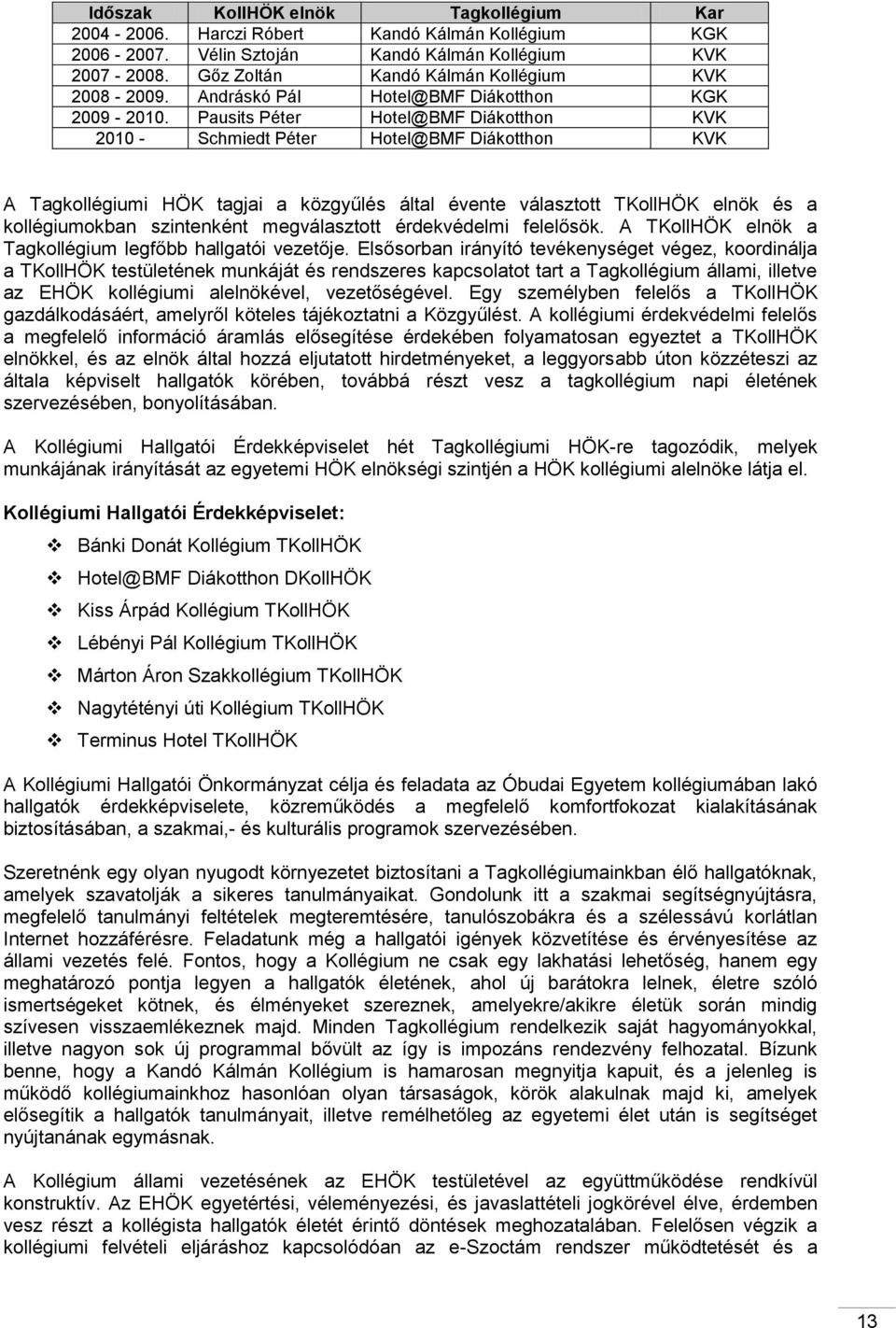 Pausits Péter Hotel@BMF Diákotthon KVK 2010 - Schmiedt Péter Hotel@BMF Diákotthon KVK A Tagkollégiumi HÖK tagjai a közgyűlés által évente választott TKollHÖK elnök és a kollégiumokban szintenként