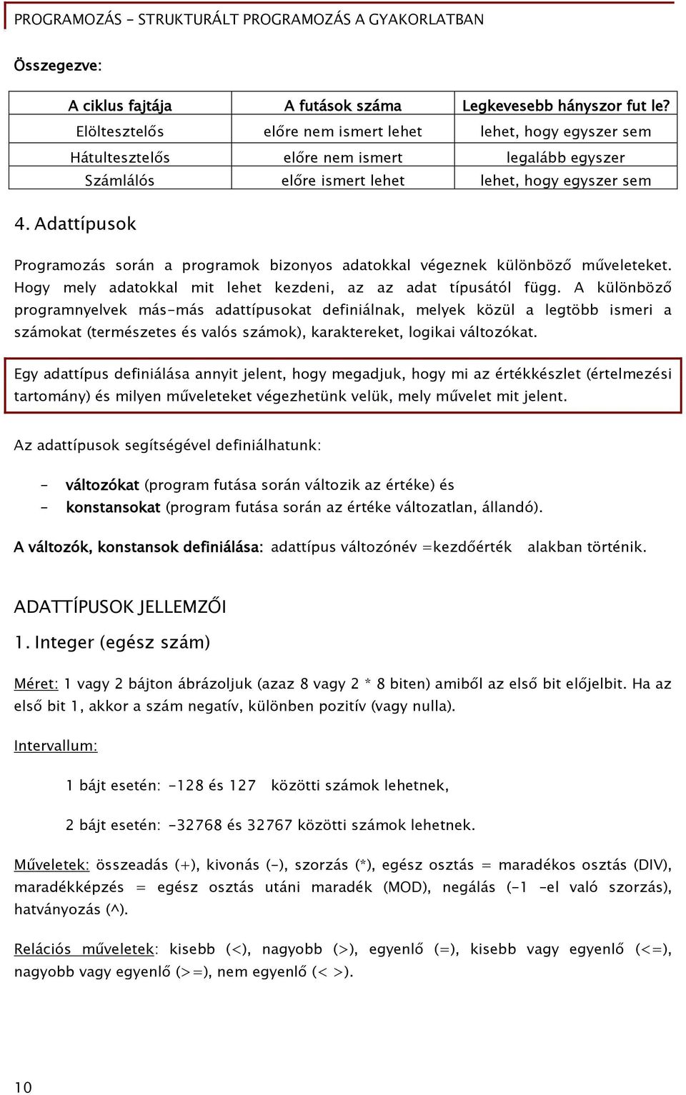 Adattípusok Programozás során a programok bizonyos adatokkal végeznek különböző műveleteket. Hogy mely adatokkal mit lehet kezdeni, az az adat típusától függ.