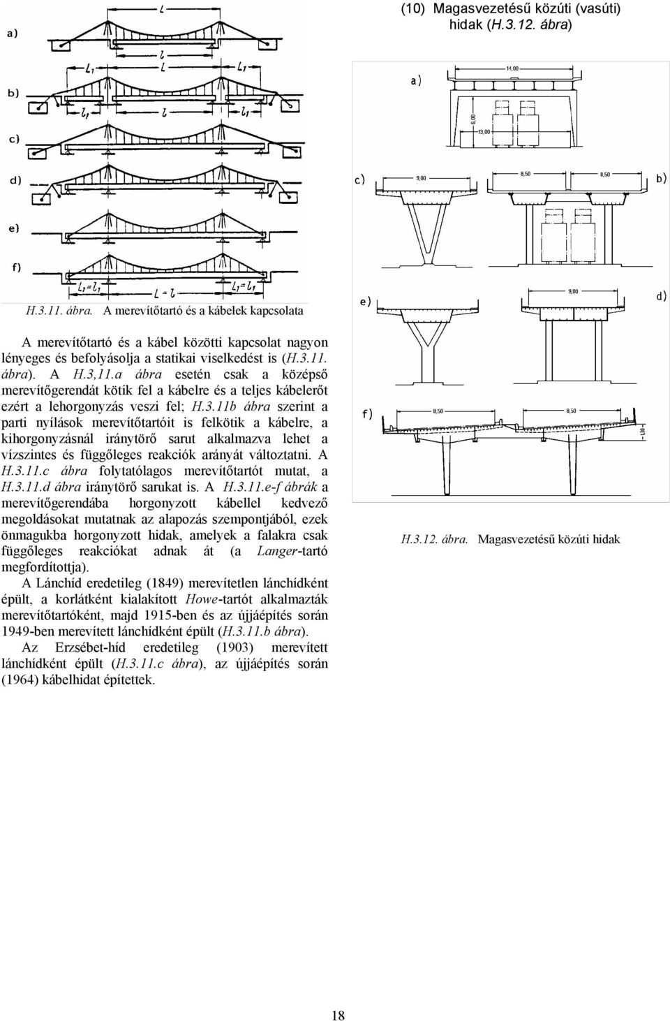 a ábra esetén csak a középső merevítőgerendát kötik fel a kábelre és a teljes kábelerőt ezért a lehorgonyzás veszi fel; H.3.
