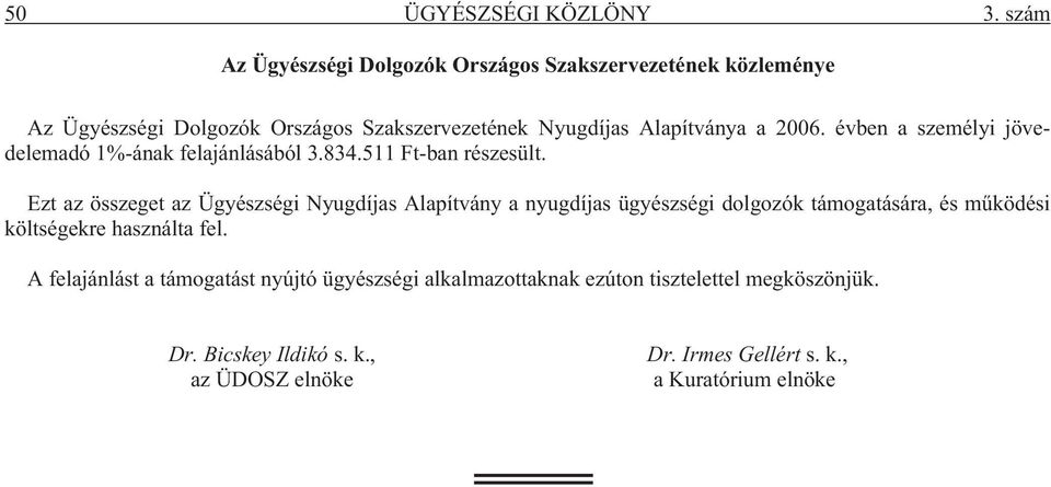 2006. évben a személyi jövedelemadó 1%-ának felajánlásából 3.834.511 Ft-ban részesült.