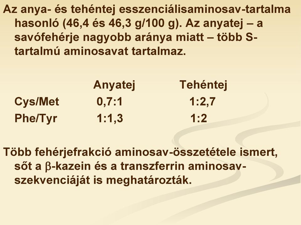 Anyatej Tehéntej Cys/Met 0,7:1 1:2,7 Phe/Tyr 1:1,3 1:2 Több fehérjefrakció