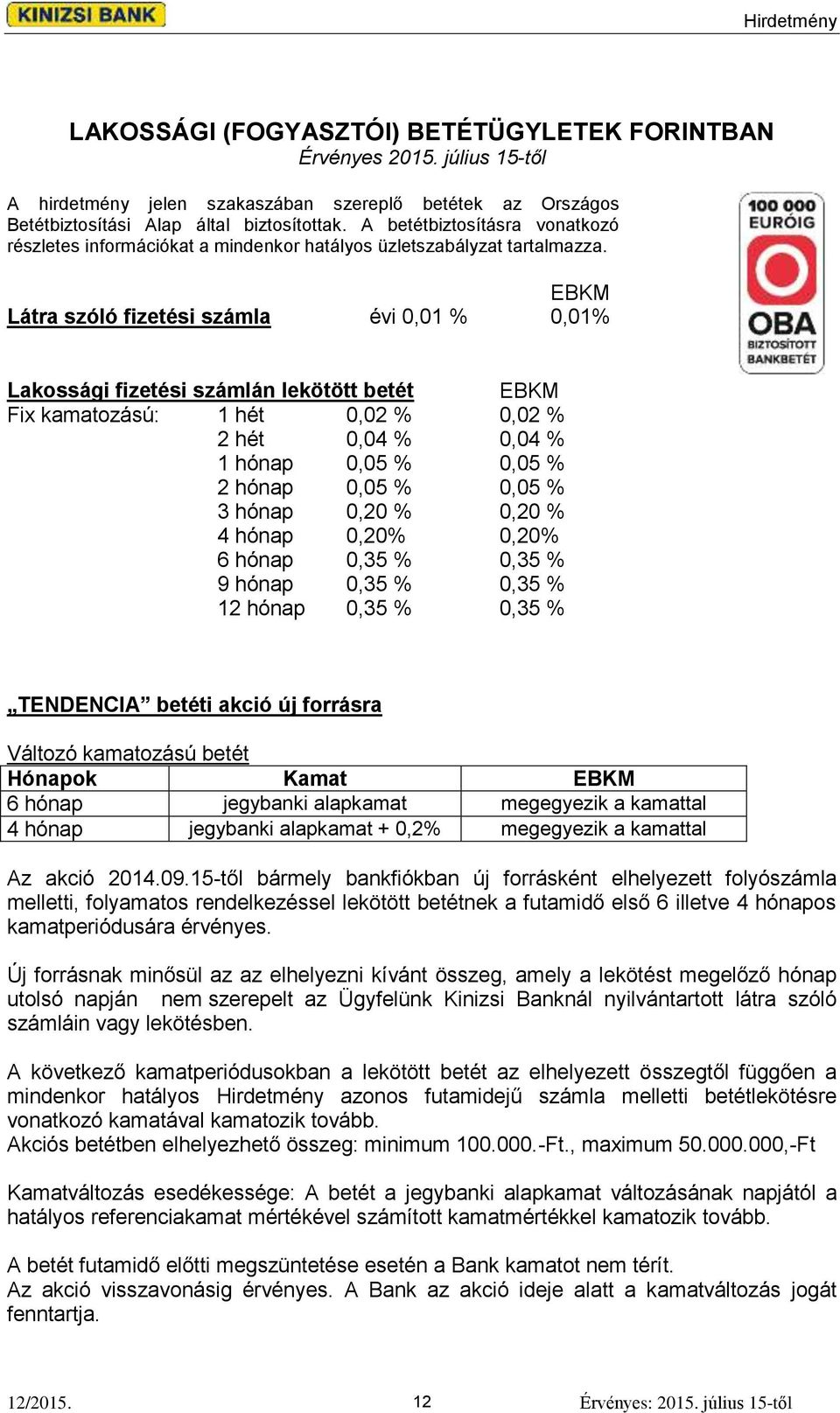 EBKM Látra szóló fizetési számla évi 0,01 % 0,01% Lakossági fizetési számlán lekötött betét EBKM Fix kamatozású: 1 hét 0,02 % 0,02 % 2 hét 0,04 % 0,04 % 1 hónap 0,05 % 0,05 % 2 hónap 0,05 % 0,05 % 3