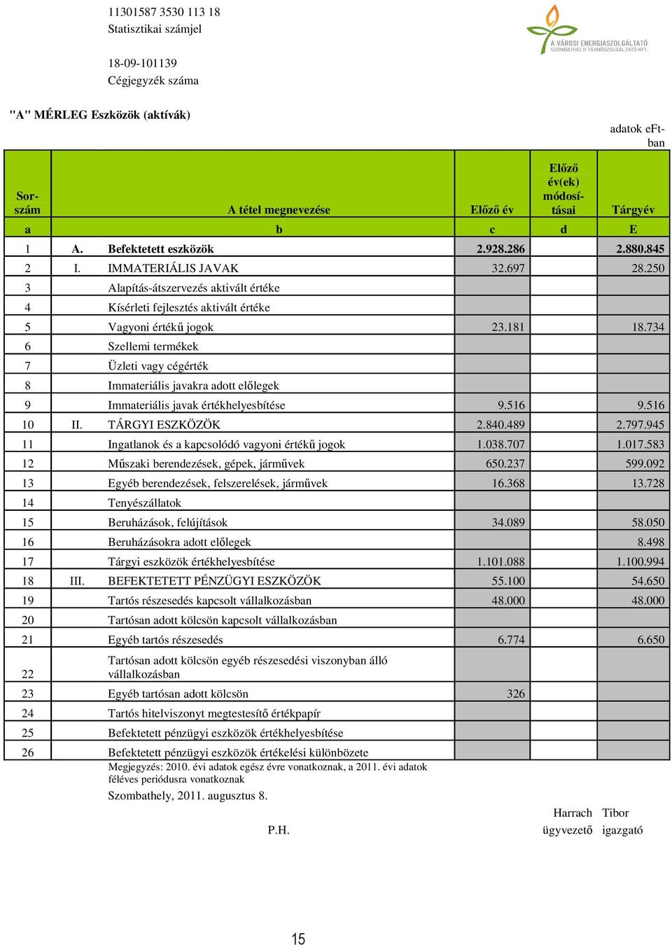 734 6 Szellemi termékek 7 Üzleti vagy cégérték 8 Immateriális javakra adott előlegek 9 Immateriális javak értékhelyesbítése 9.516 9.516 10 II. TÁRGYI ESZKÖZÖK 2.840.489 2.797.