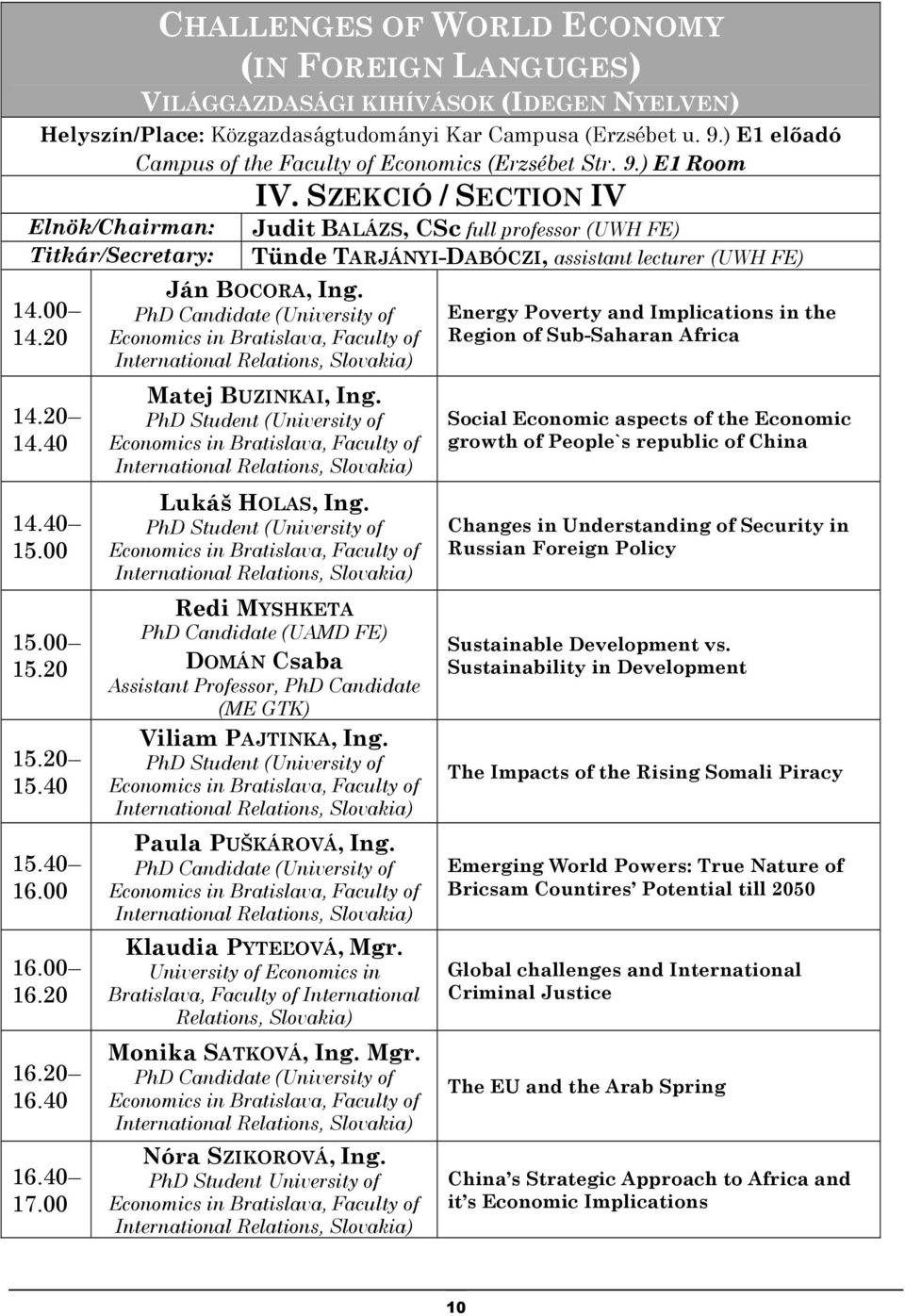 20 16.40 16.40 17.00 IV. SZEKCIÓ / SECTION IV Judit BALÁZS, CSc full professor (UWH FE) Tünde TARJÁNYI-DABÓCZI, assistant lecturer (UWH FE) Ján BOCORA, Ing.