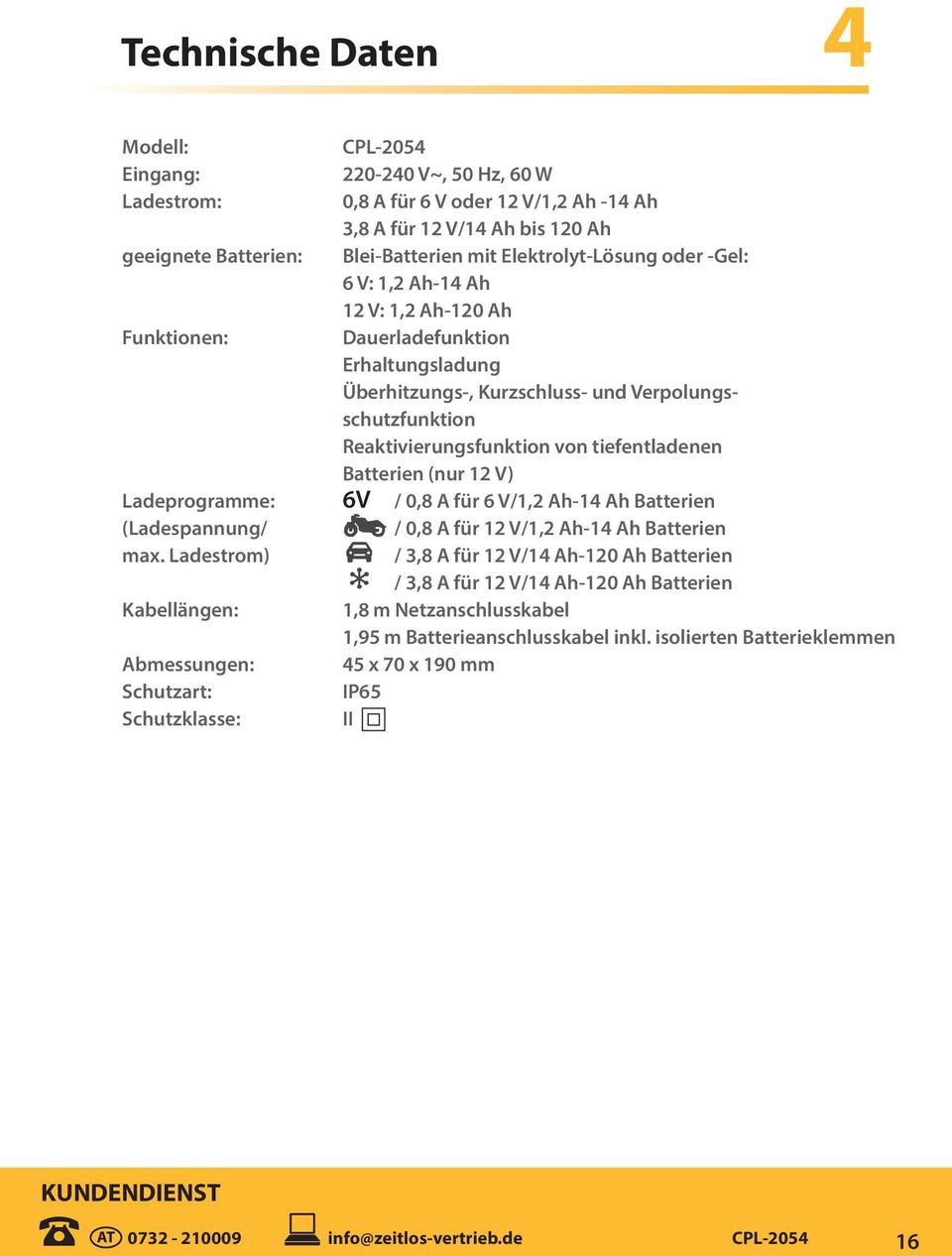 tiefentladenen Batterien (nur 12 V) Ladeprogramme: 6V / 0,8 A für 6 V/1,2 Ah-14 Ah Batterien (Ladespannung/ / 0,8 A für 12 V/1,2 Ah-14 Ah Batterien max.