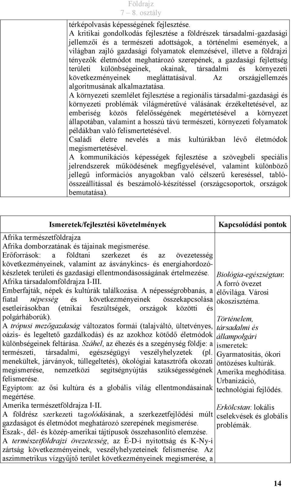 földrajzi tényezők életmódot meghatározó szerepének, a gazdasági fejlettség területi különbségeinek, okainak, társadalmi és környezeti következményeinek megláttatásával.