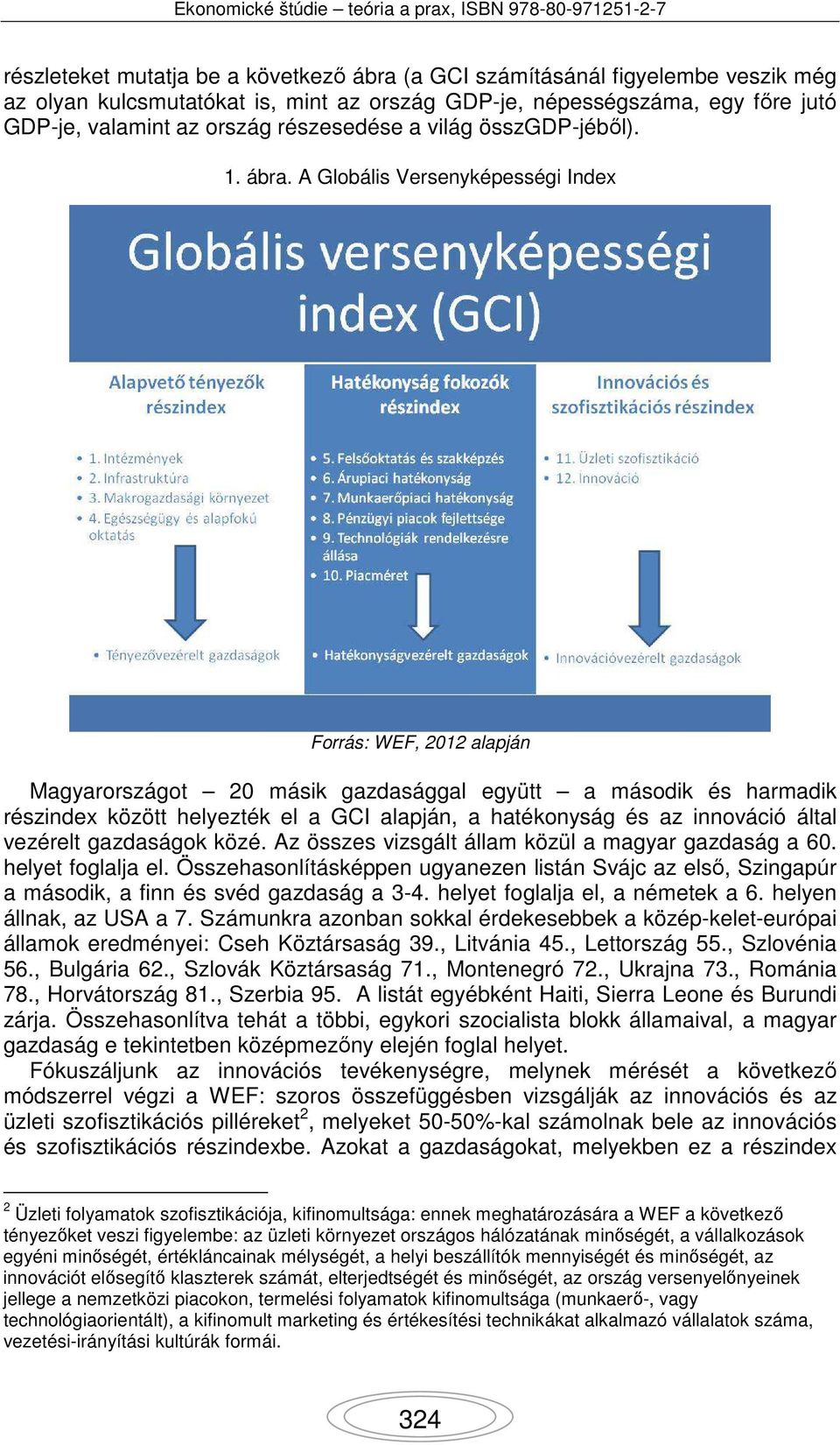 A Globális Versenyképességi Index Forrás: WEF, 2012 alapján Magyarországot 20 másik gazdasággal együtt a második és harmadik részindex között helyezték el a GCI alapján, a hatékonyság és az innováció