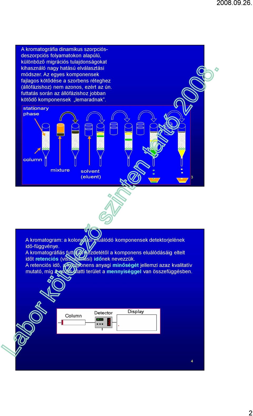 futtatás során az állófázishoz jobban kötődő komponensek lemaradnak. 3 A kromatogram: a kolonnáról eluálódó komponensek detektorjelének idő-függvénye.